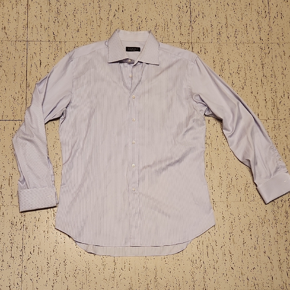 Canali Purple, White & Blue Stripe Button Down Long Sleeve Casual Dress Shirt